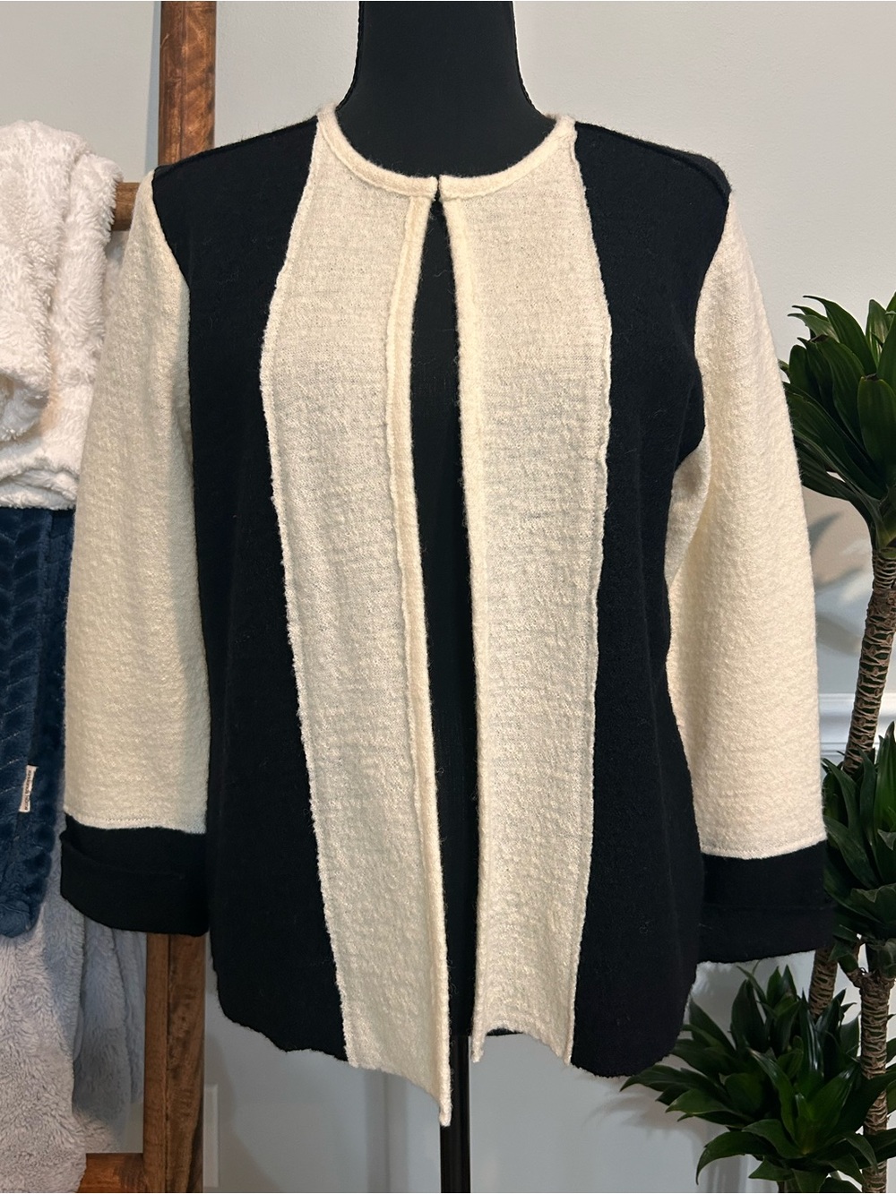 Cream and Black Mohair Blend Open Cardigan with Hook Closure by: Kasper Size PM